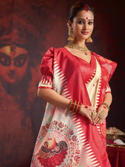 Women's Silk Blend Off White Printed Celebrity Saree With Blouse Piece