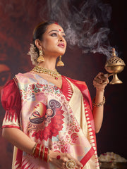 Women's Silk Blend Off White Printed Celebrity Saree With Blouse Piece