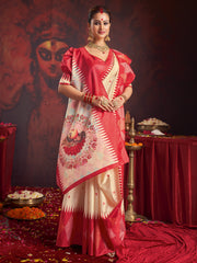 Women's Silk Blend Off White Printed Celebrity Saree With Blouse Piece