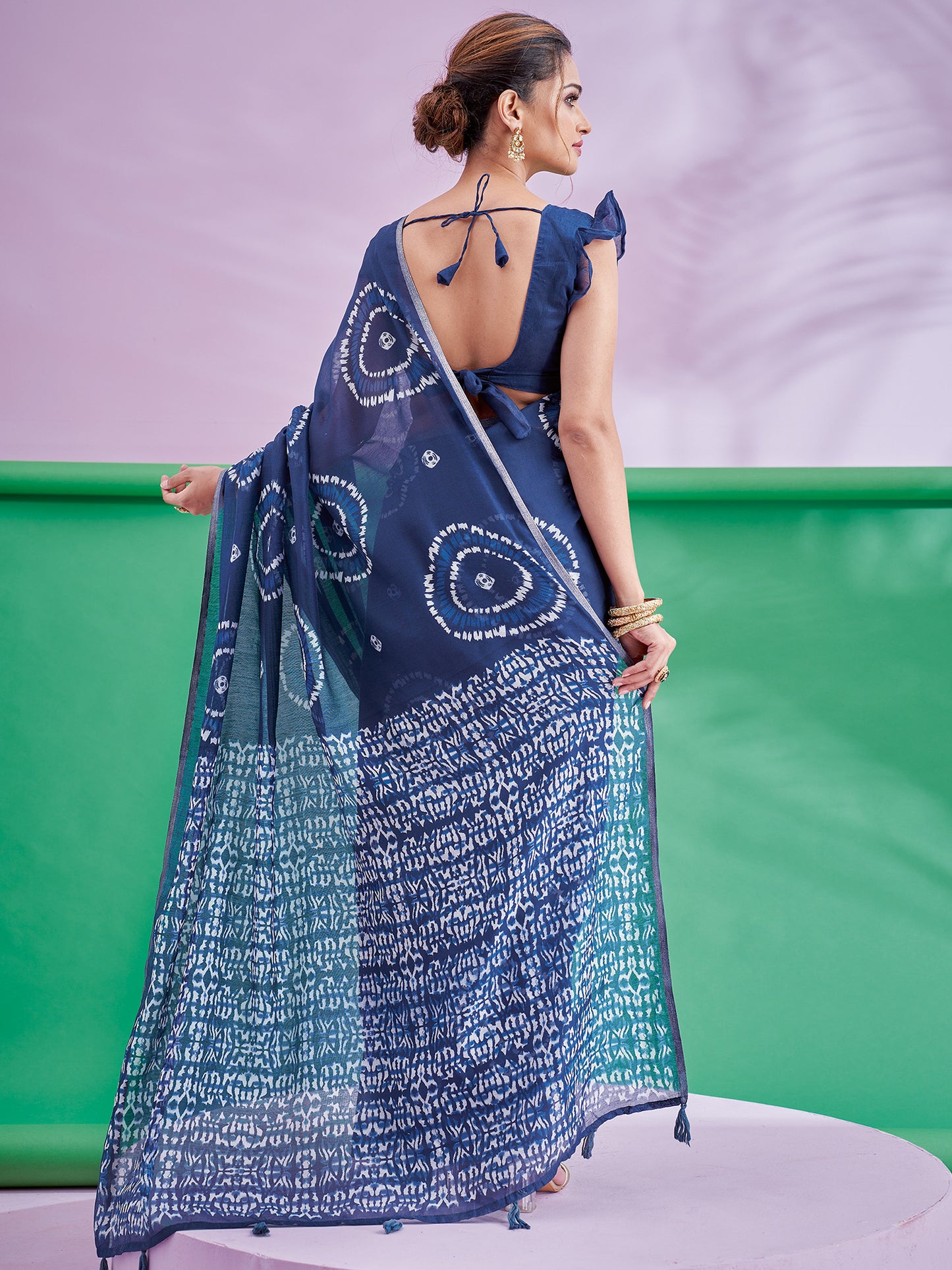 Women's Cotton Linen Navy Blue Printed Designer Saree With Blouse Piece
