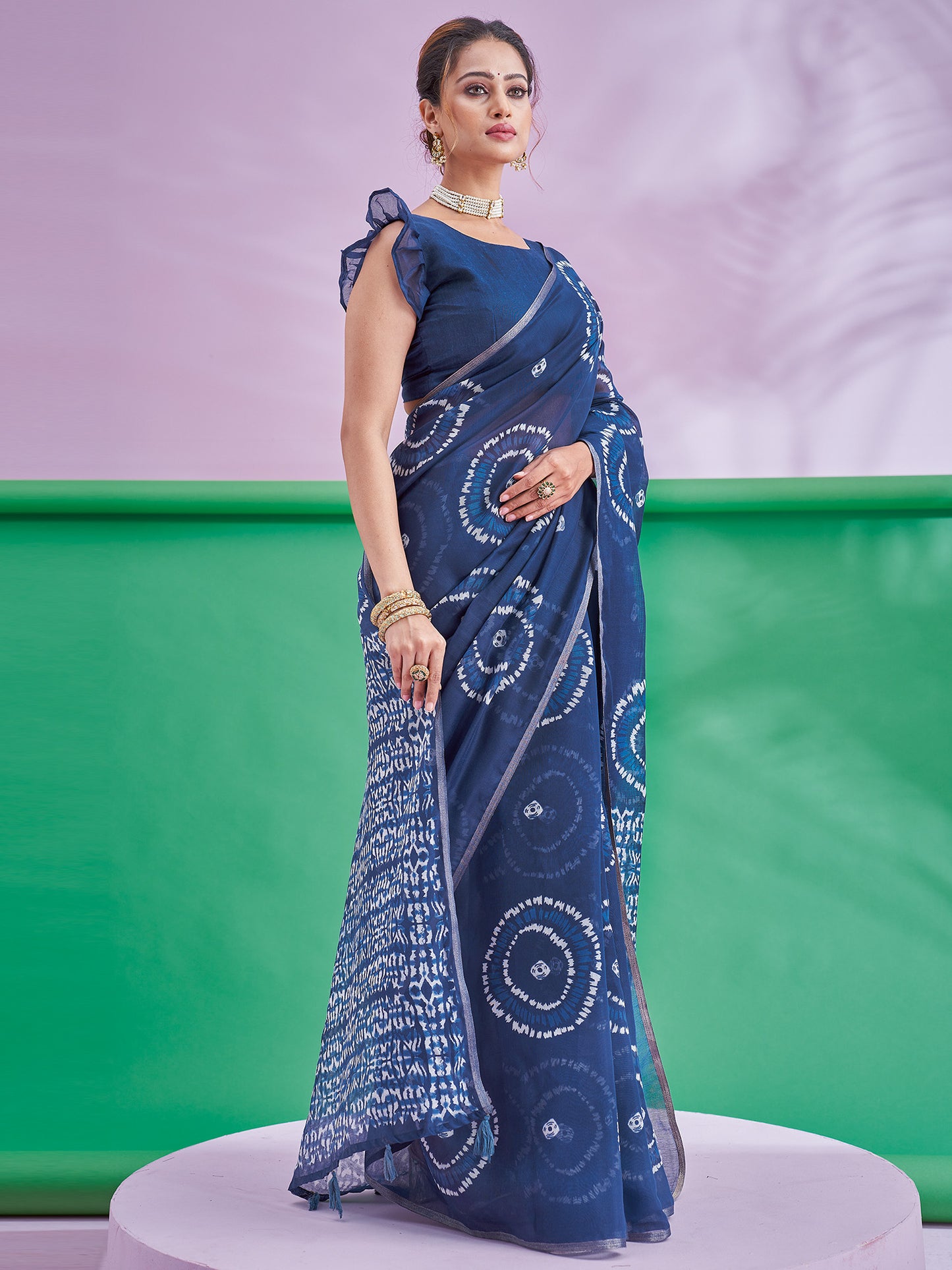 Women's Cotton Linen Navy Blue Printed Designer Saree With Blouse Piece