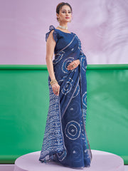 Women's Cotton Linen Navy Blue Printed Designer Saree With Blouse Piece