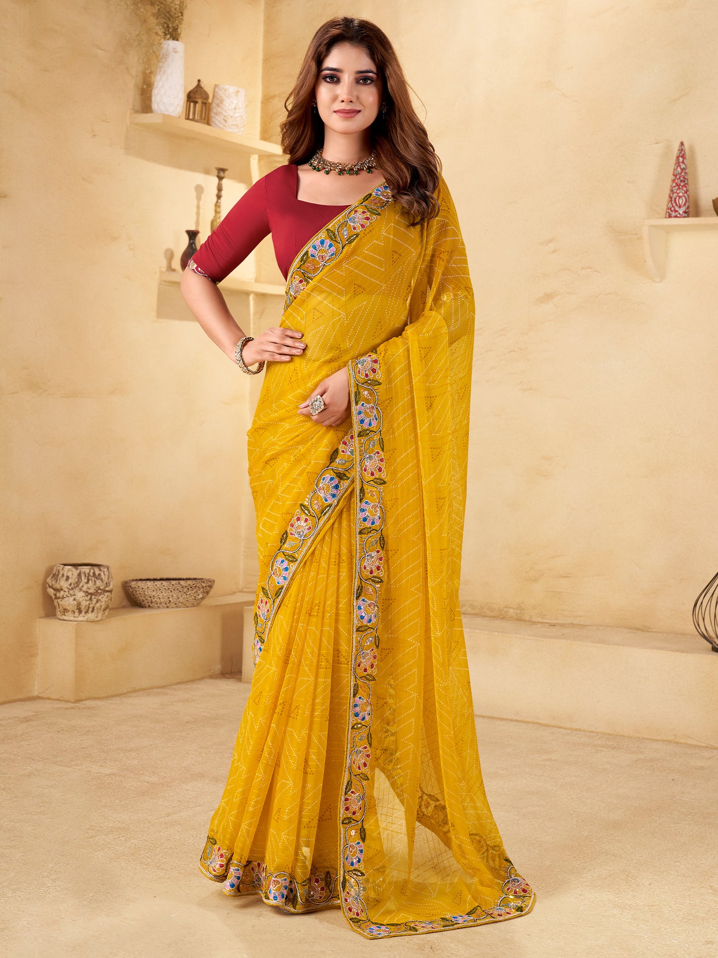 Women's Chiffon Yellow Embellished Designer Saree With Blouse Piece