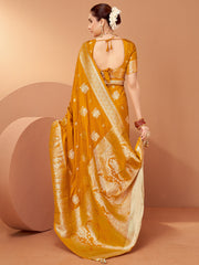 Women's Satin Silk Mustard Woven Design Designer Saree With Blouse Piece