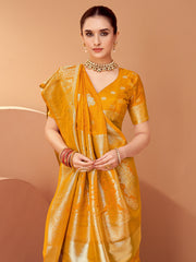 Women's Satin Silk Mustard Woven Design Designer Saree With Blouse Piece