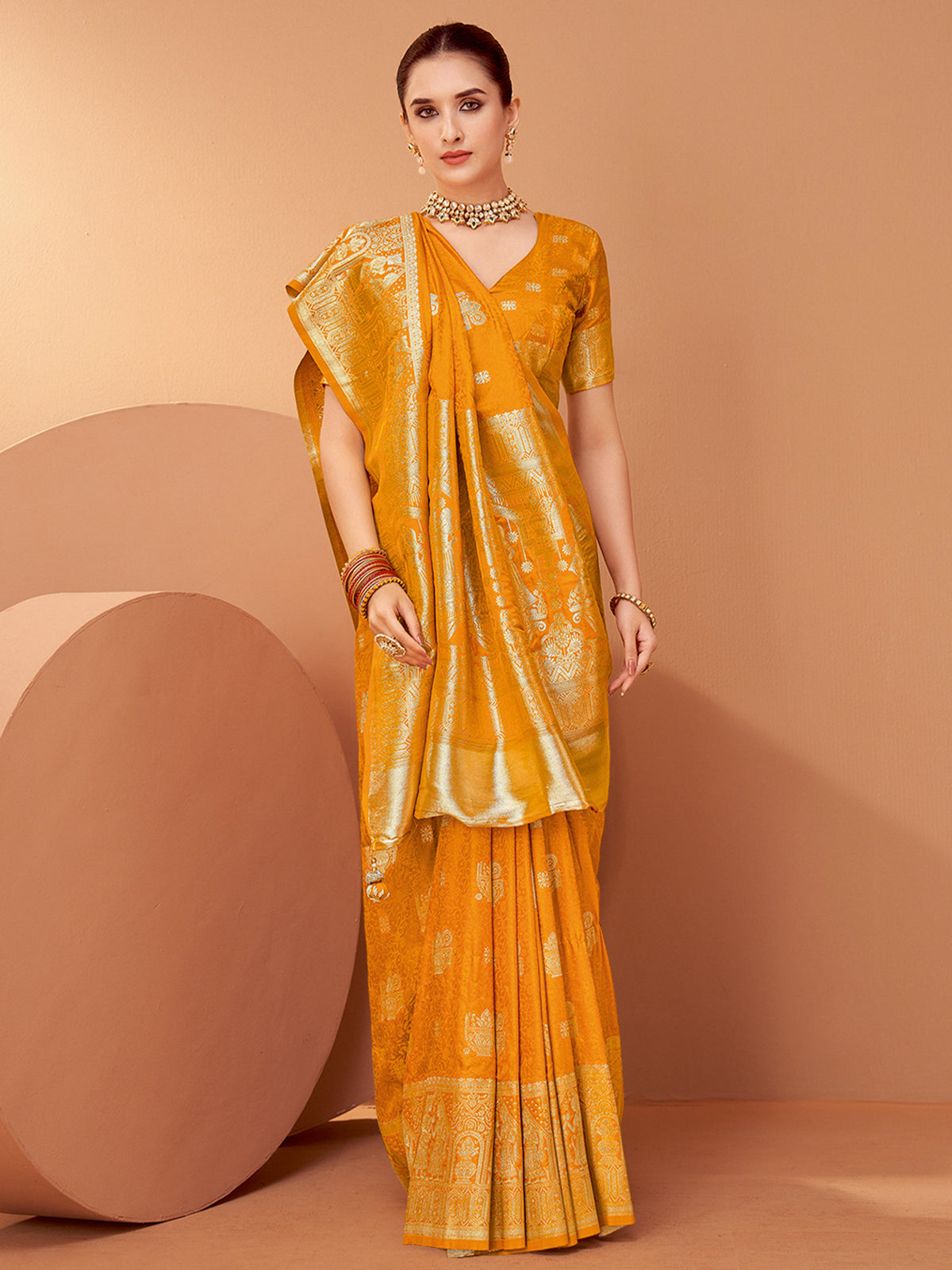 Women's Satin Silk Mustard Woven Design Designer Saree With Blouse Piece