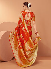 Women's Satin Silk Orange Woven Design Designer Saree With Blouse Piece