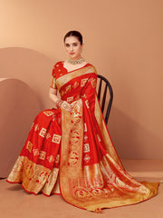 Women's Satin Silk Orange Woven Design Designer Saree With Blouse Piece