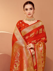 Women's Satin Silk Orange Woven Design Designer Saree With Blouse Piece