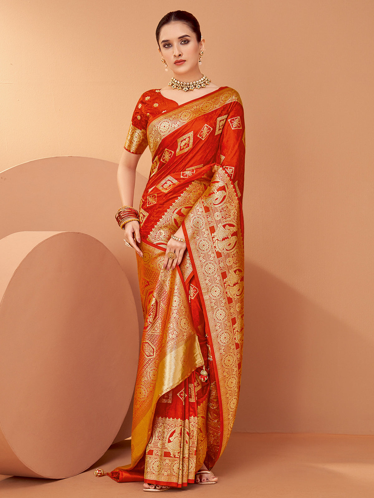 Women's Satin Silk Orange Woven Design Designer Saree With Blouse Piece