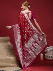 Women's Satin Silk Red Woven Design Designer Saree With Blouse Piece