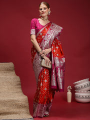 Women's Satin Silk Red Woven Design Designer Saree With Blouse Piece