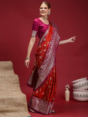 Women's Satin Silk Red Woven Design Designer Saree With Blouse Piece
