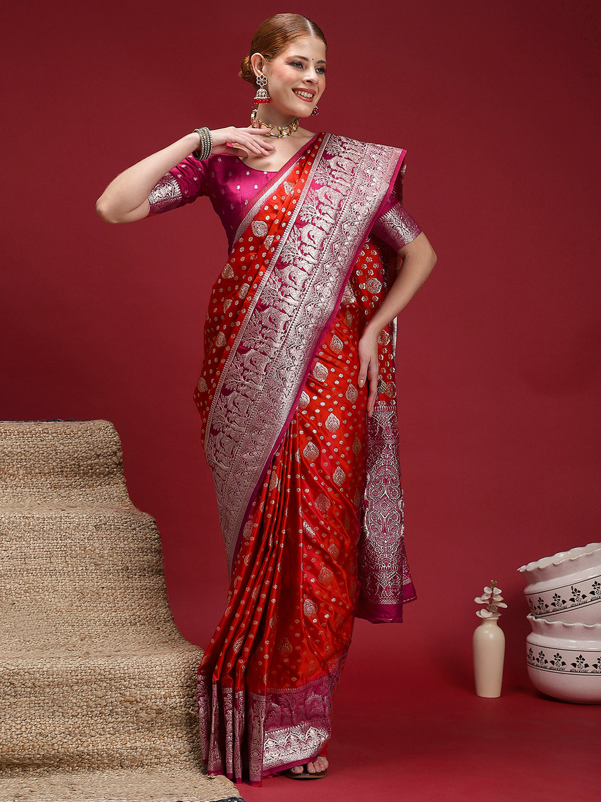 Women's Satin Silk Red Woven Design Designer Saree With Blouse Piece