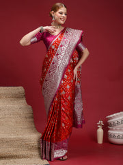 Women's Satin Silk Red Woven Design Designer Saree With Blouse Piece