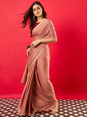 ناري - ساري نسائي من حرير ميسور بلون الخوخ بتصميم منسوج مع قطعة بلوزة