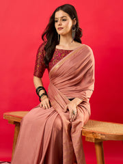 ناري - ساري نسائي من حرير ميسور بلون الخوخ بتصميم منسوج مع قطعة بلوزة