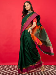 Women's Aura Silk Green Woven Design Designer Saree With Blouse Piece