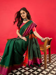 Women's Aura Silk Green Woven Design Designer Saree With Blouse Piece