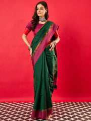 Women's Aura Silk Green Woven Design Designer Saree With Blouse Piece
