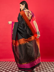 Women's Aura Silk Black Woven Design Designer Saree With Blouse Piece