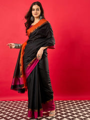 Women's Aura Silk Black Woven Design Designer Saree With Blouse Piece