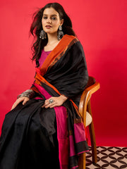 Women's Aura Silk Black Woven Design Designer Saree With Blouse Piece
