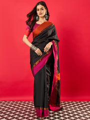Women's Aura Silk Black Woven Design Designer Saree With Blouse Piece