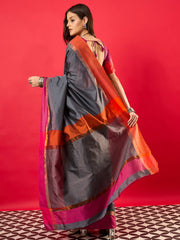 Women's Aura Silk Charcoal Grey Woven Design Designer Saree With Blouse Piece