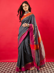 Women's Aura Silk Charcoal Grey Woven Design Designer Saree With Blouse Piece