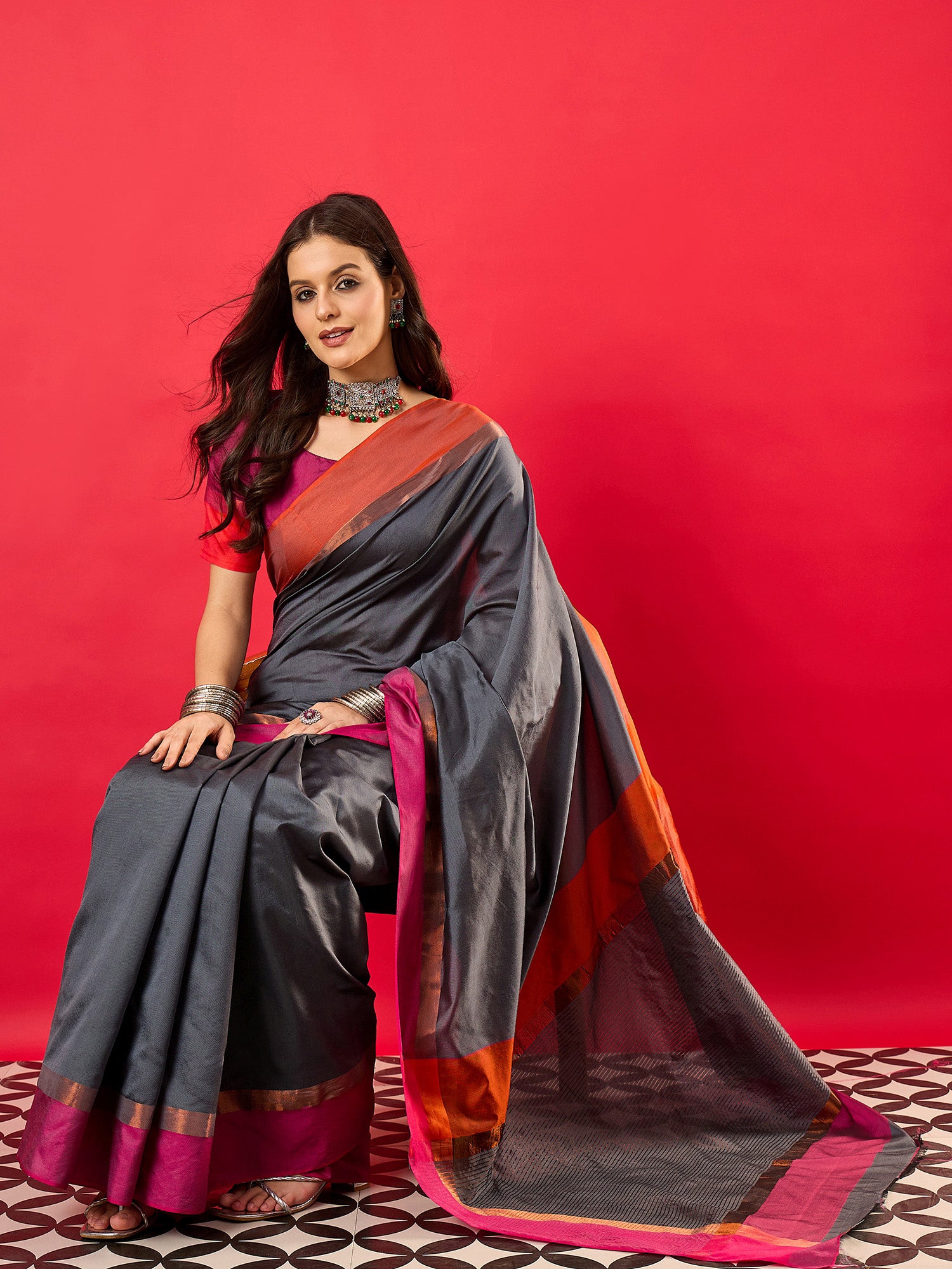 Women's Aura Silk Charcoal Grey Woven Design Designer Saree With Blouse Piece