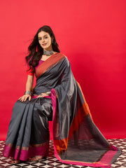 Women's Aura Silk Charcoal Grey Woven Design Designer Saree With Blouse Piece