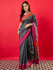 Women's Aura Silk Charcoal Grey Woven Design Designer Saree With Blouse Piece