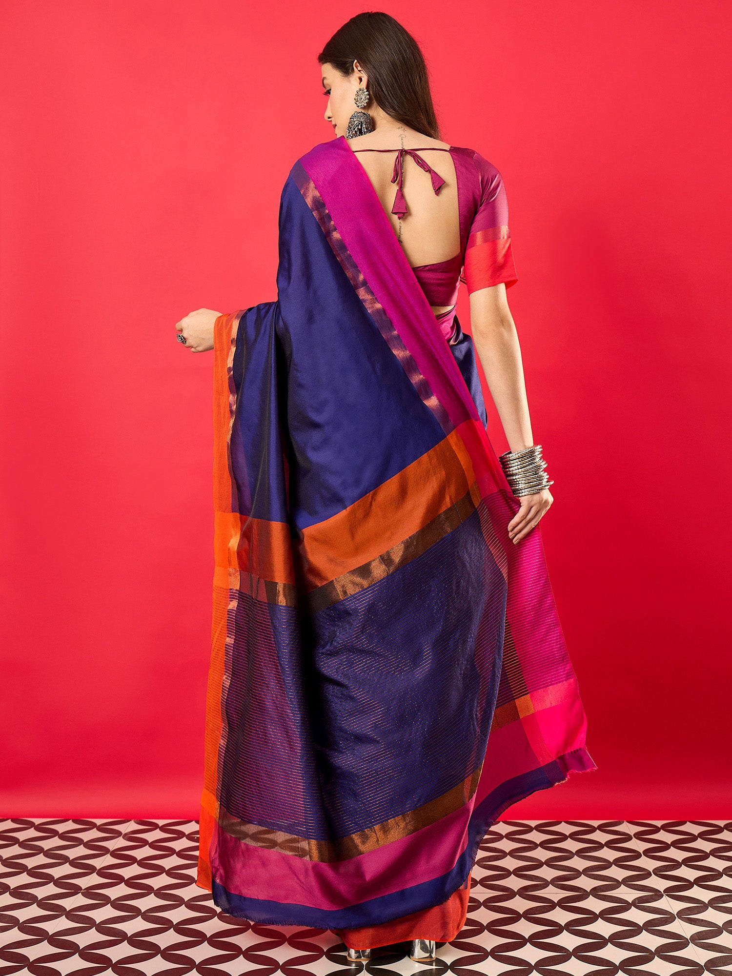 Women's Aura Silk Navy Blue Woven Design Designer Saree With Blouse Piece