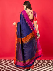 Women's Aura Silk Navy Blue Woven Design Designer Saree With Blouse Piece