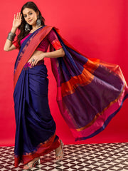 Women's Aura Silk Navy Blue Woven Design Designer Saree With Blouse Piece