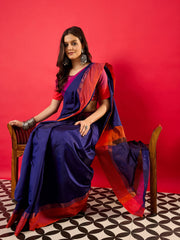 Women's Aura Silk Navy Blue Woven Design Designer Saree With Blouse Piece