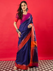 Women's Aura Silk Navy Blue Woven Design Designer Saree With Blouse Piece