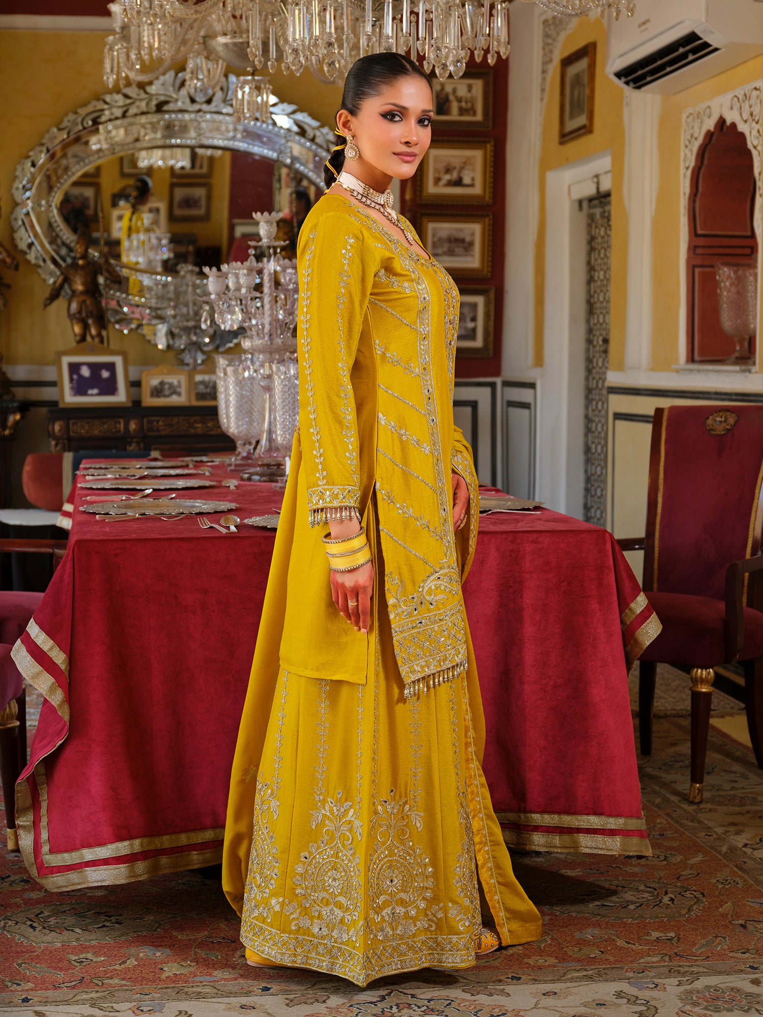 Yellow Embroidered Straight Kurta Palazzos With Dupatta Set
