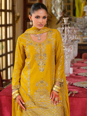 Yellow Embroidered Straight Kurta Palazzos With Dupatta Set