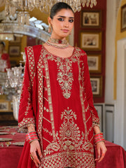 Red Embroidered Straight Kurta Palazzos With Dupatta Set