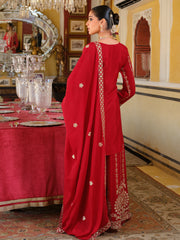 Red Embroidered Straight Kurta Palazzos With Dupatta Set