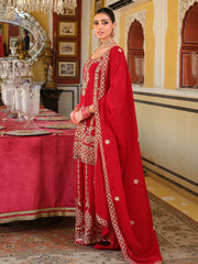 Red Embroidered Straight Kurta Palazzos With Dupatta Set