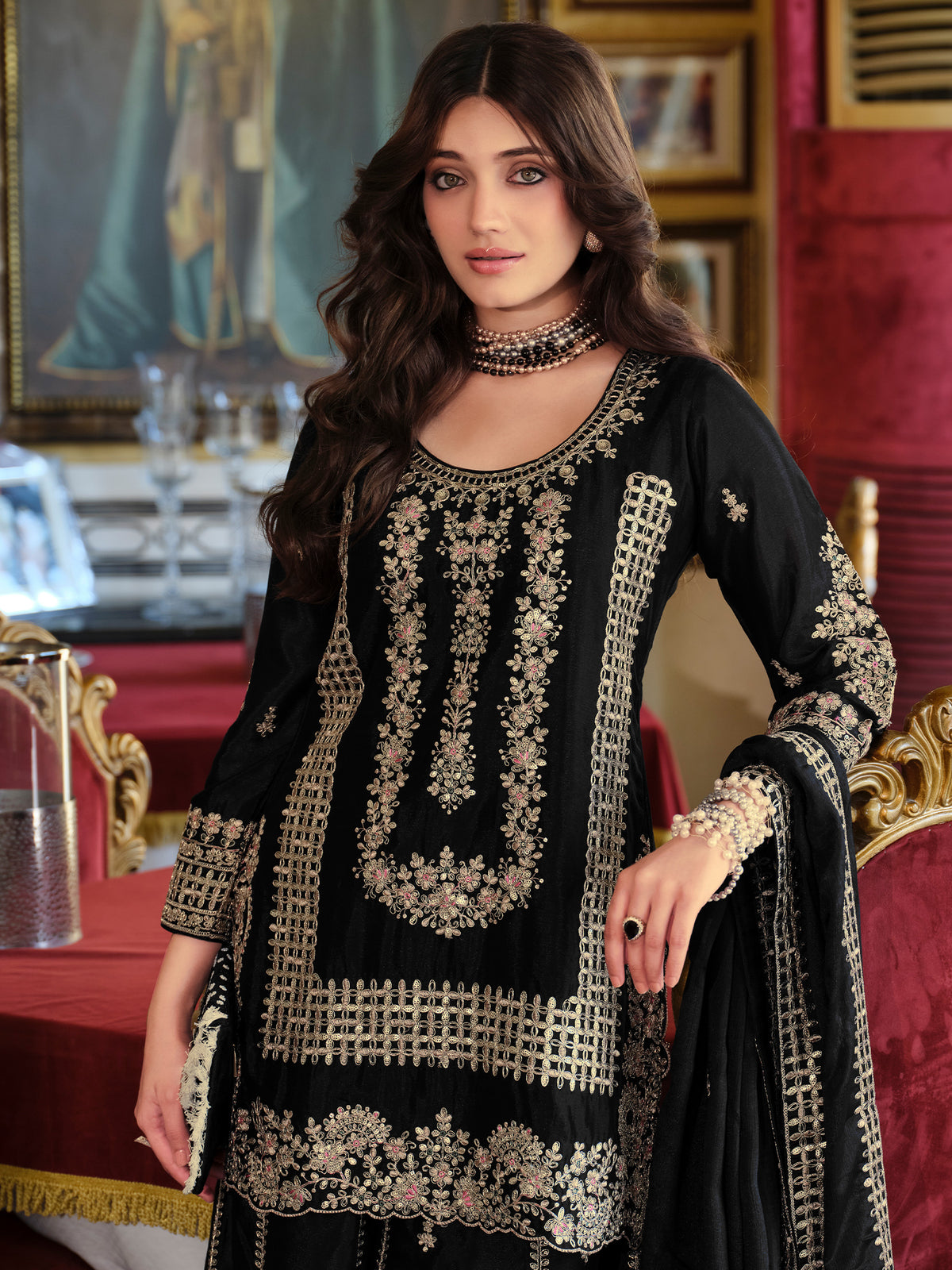 Black Embroidered Straight Kurta Palazzos With Dupatta Set-KH9BK11702