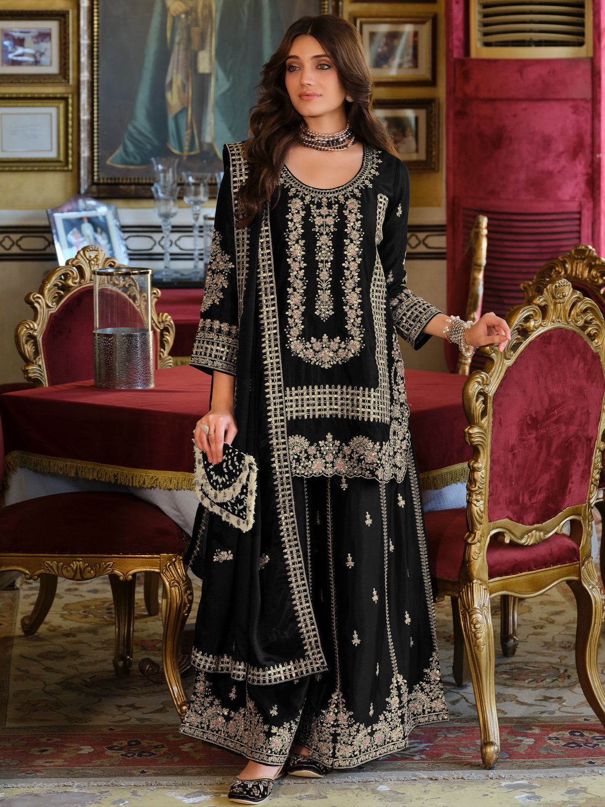 Black Embroidered Straight Kurta Palazzos With Dupatta Set-KH9BK11702