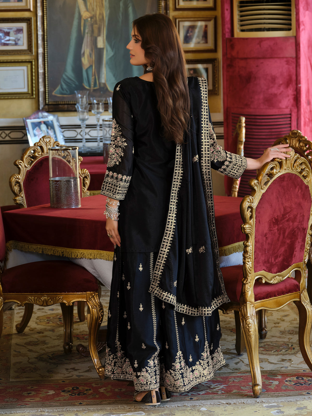 Black Embroidered Straight Kurta Palazzos With Dupatta Set-KH9BK11702