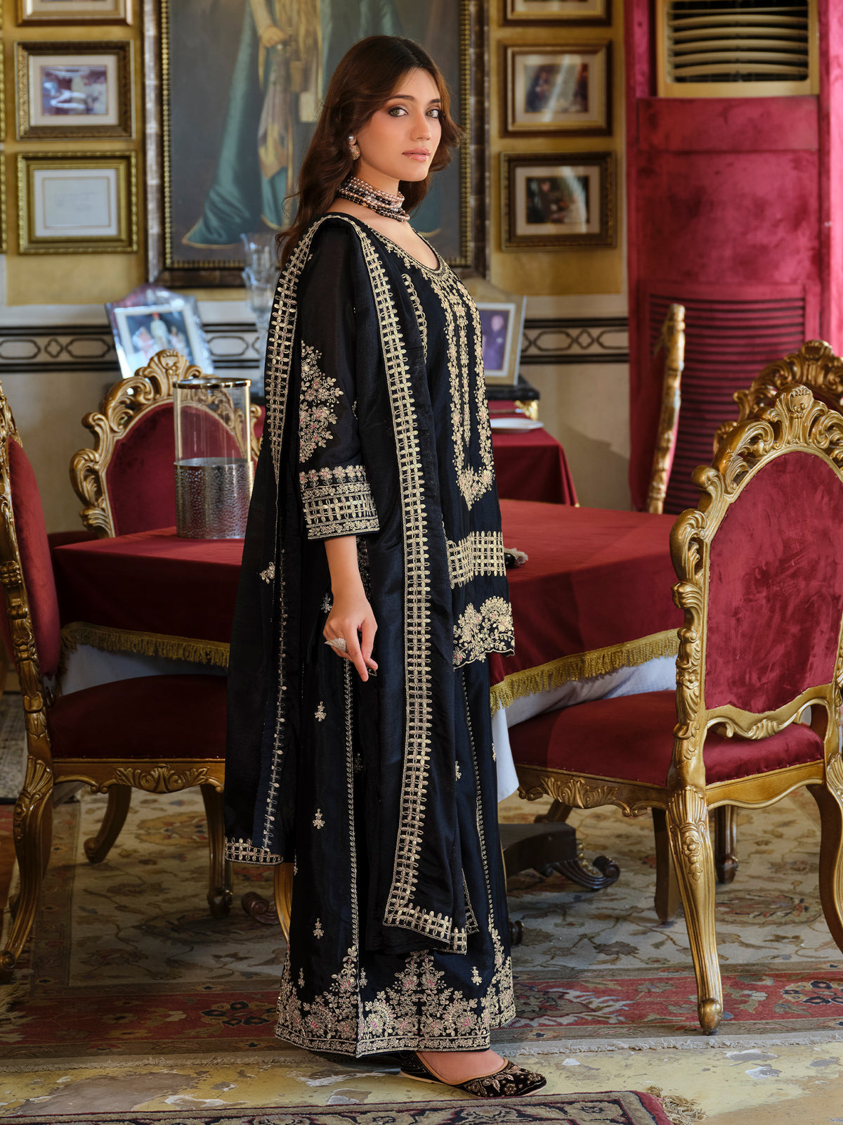 Black Embroidered Straight Kurta Palazzos With Dupatta Set-KH9BK11702
