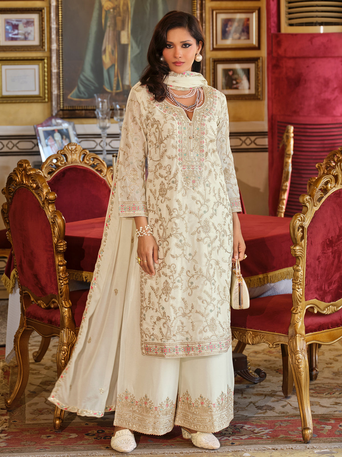 White Embroidered Straight Kurta Palazzos With Dupatta Set