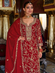 Red Embroidered Straight Kurta Palazzos With Dupatta Set