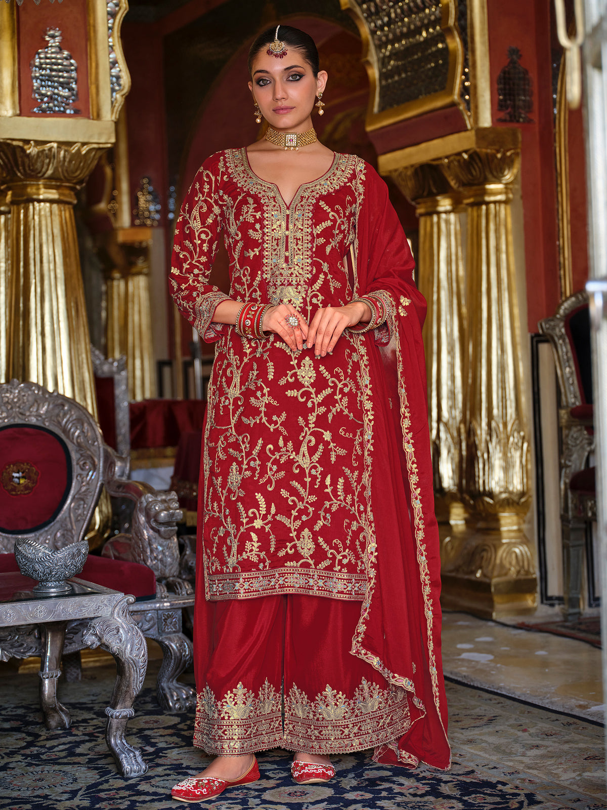 Red Embroidered Straight Kurta Palazzos With Dupatta Set
